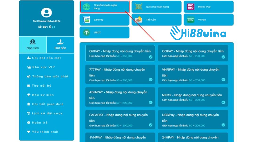 Nạp vốn vào tài khoản hệ thống Hi88 qua Internet Banking
